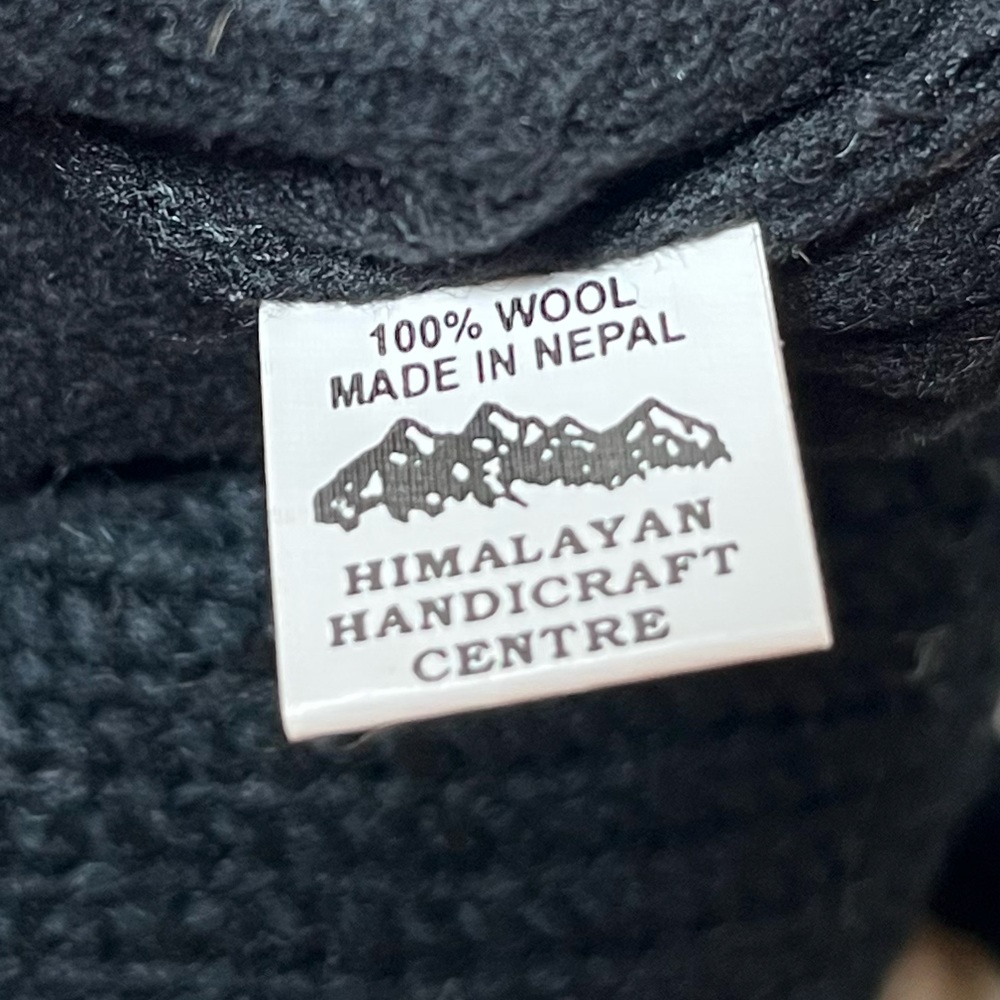 White Skull Design on Black 100% Nepalese Wool Winter Hat with Pom Pom Ties - Picture 5 of 5